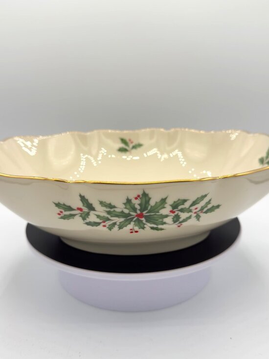 Vintage Lenox Dimension Holiday Holly Berry Scalloped 10" Long Oval Serving Bowl - Picture 1 of 8